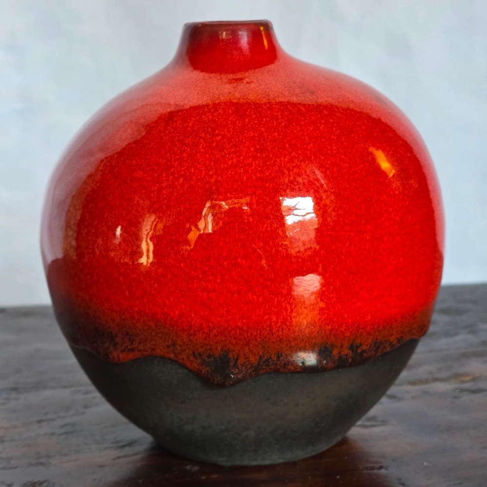 Crate & Barrel Pottery Red Crackle Glaze Round Bud Vase Minimalist Ceramic 5"